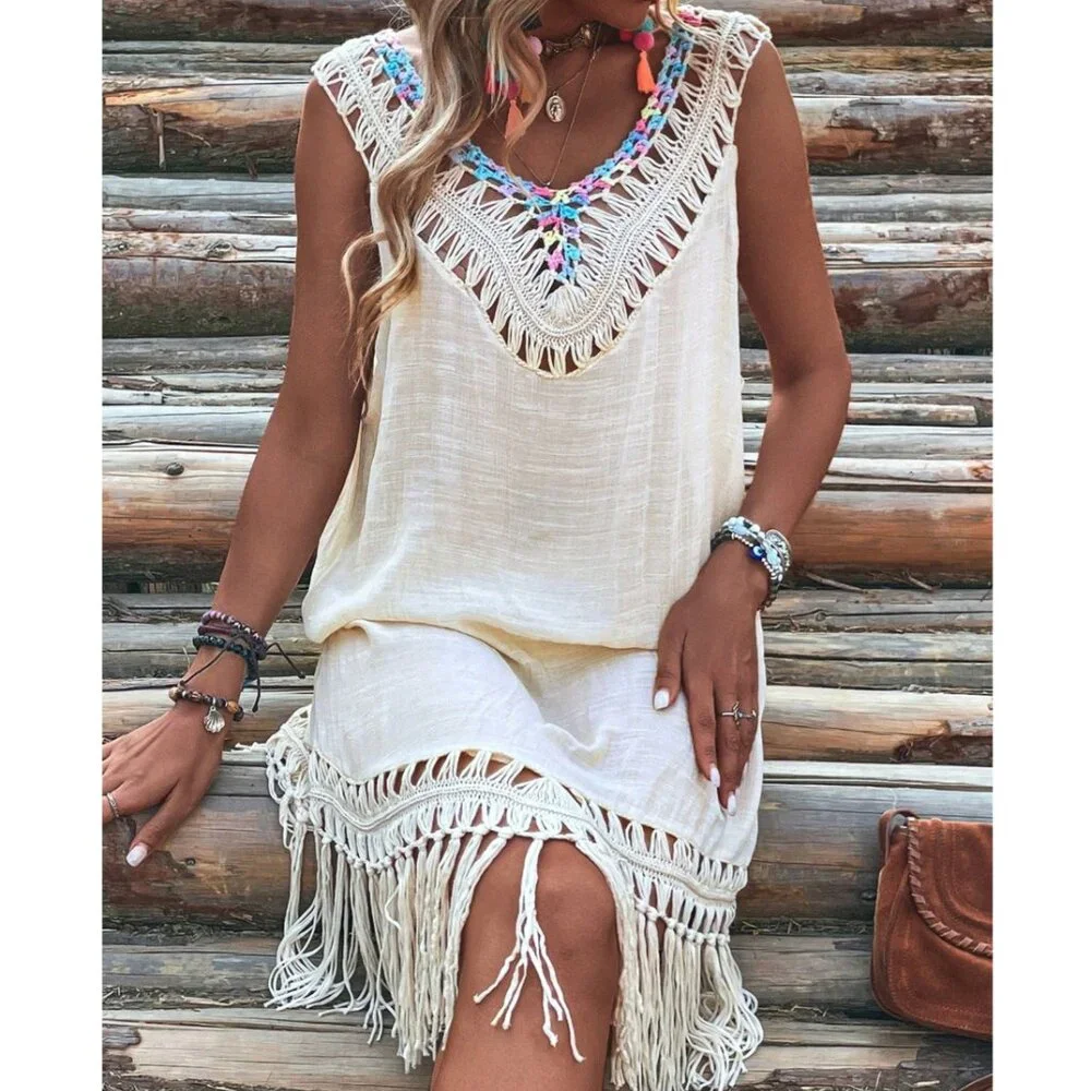 Boho Fringe Backless Swim Cover Up Resort Beach Crochet Style